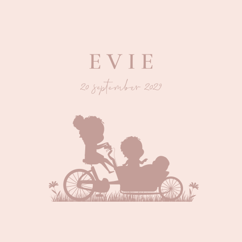 Roze geboortekaartje zusje met bakfiets