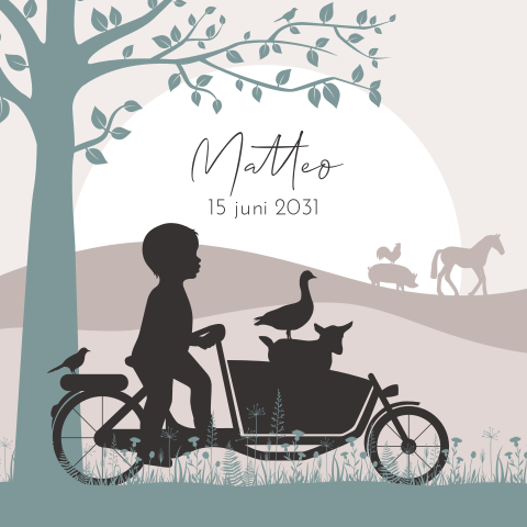 Silhouet geboortekaartje jongen met bakfiets en boerderijdieren