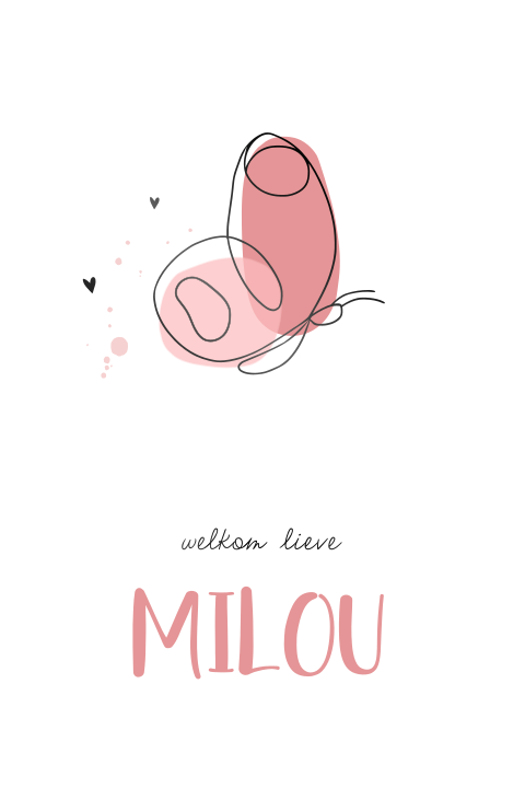Lief geboortekaartje voor meisje met lijntekening vlindertje
