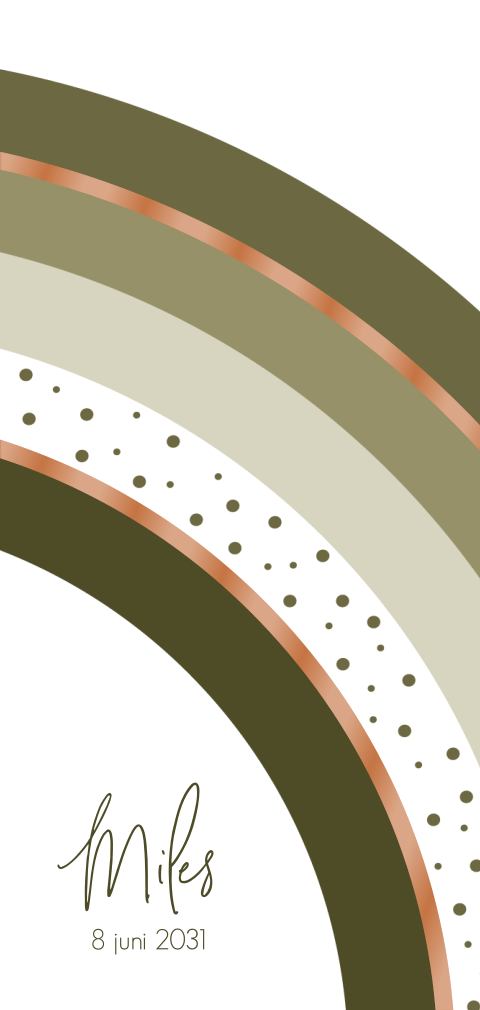 Langwerpig geboortekaartje jongen met groene regenboog en hoogglans