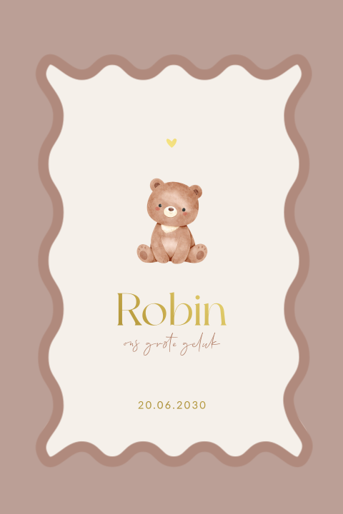 Geboortekaartje met lief beertje in mooi kader en goudfolie naam
