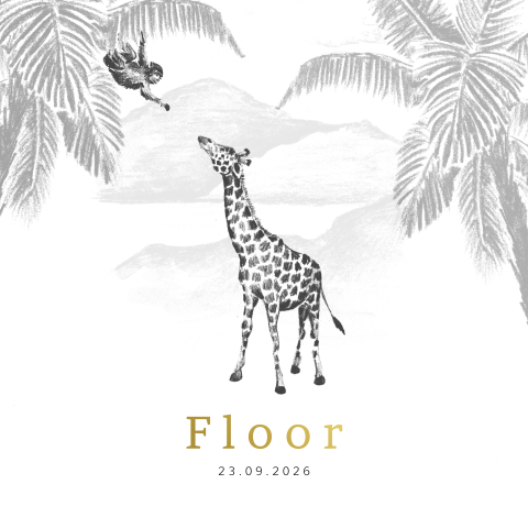 Zwart-wit geboortekaartje voor dochtertje met girafje en goudfolie