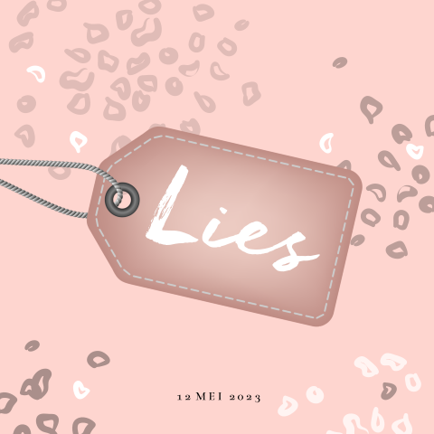 Stoer geboortekaartje voor een meisje met roze label en panterprintje
