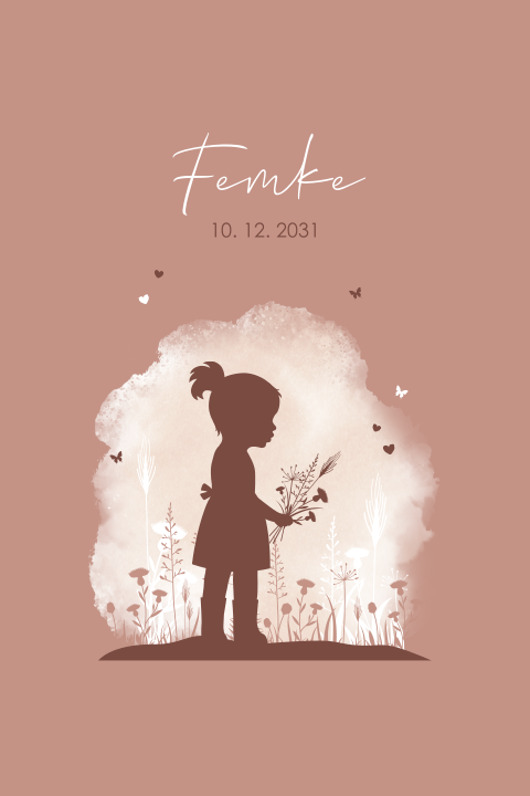 Mooi watercolour geboortekaartje met silhouet van meisje