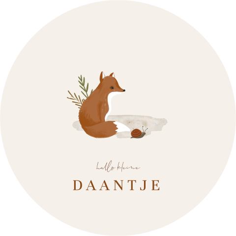 Origineel rond geboortekaartje met illustratie van vos