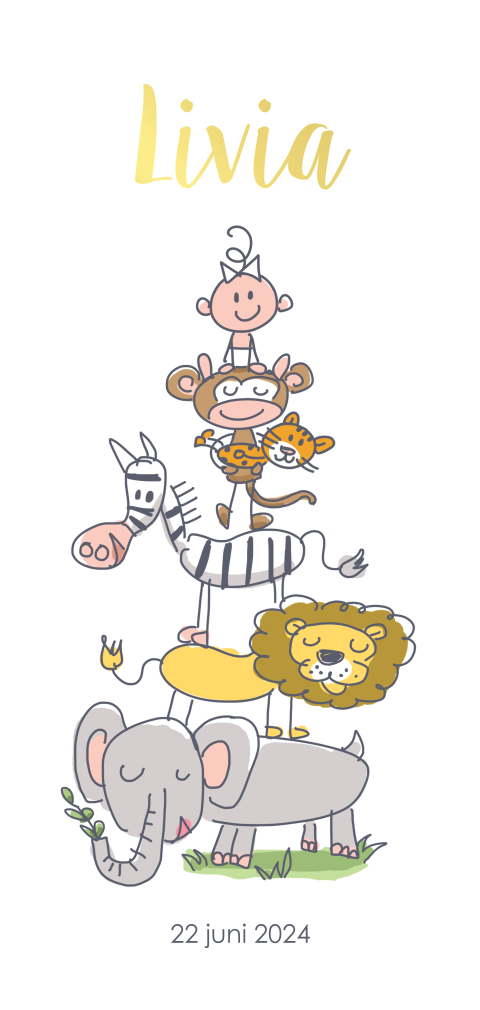 Geboortekaartje voor dochter met stapel wilde dieren en baby