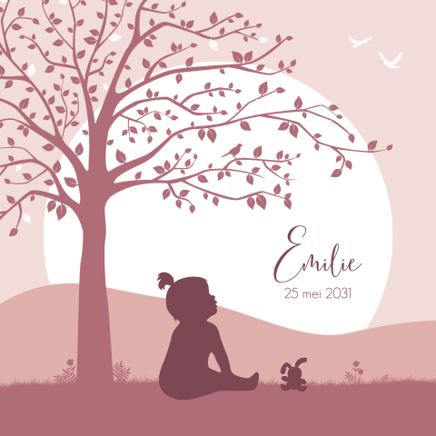 Roze geboortekaartje met silhouetje meisje en boom