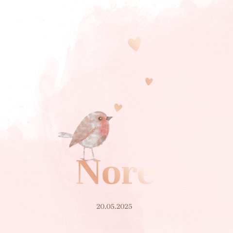 Lief roségoudfolie geboortekaartje voor meisje met vogeltje op aquarel