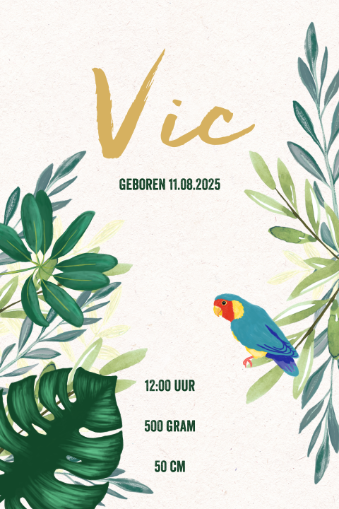 Botanisch geboortekaartje met papegaai en bladeren