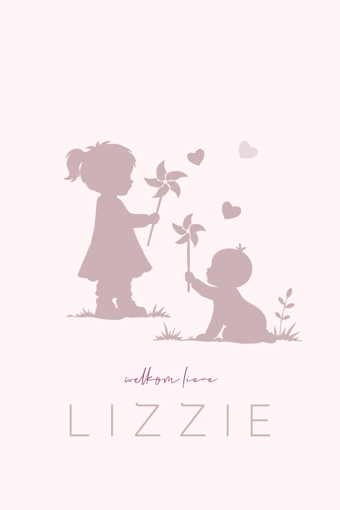 Lief geboortekaartje met zusjes en windmolentje in silhouet