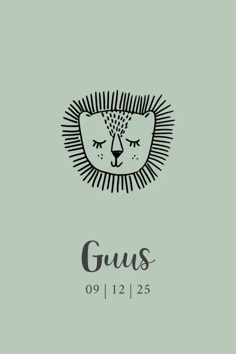 Stoer geboortekaartje met getekende leeuw op groene achtergrond