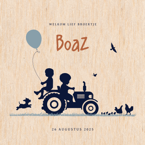 Hip houten geboortekaartje voor broertje met tractor en ballon