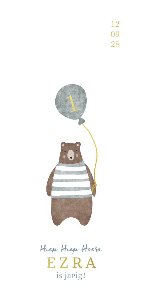 Lieve verjaardagsuitnodiging met goudfolie, ballon en beer
