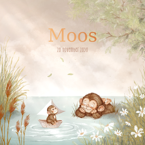 Lief dromerig en magisch geboortekaartje met aquacolour aapjes 