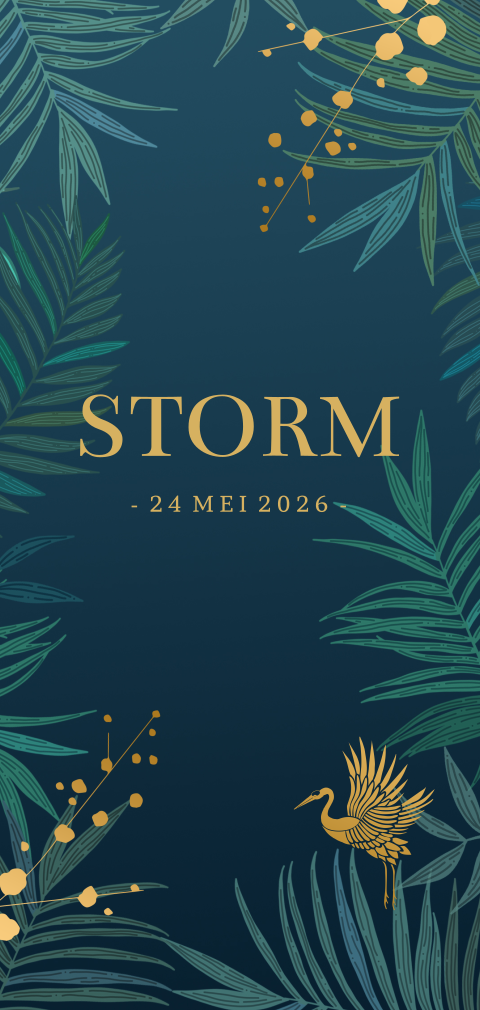 Stoer jungle geboortekaartje voor jongen met kraanvogel en bladeren