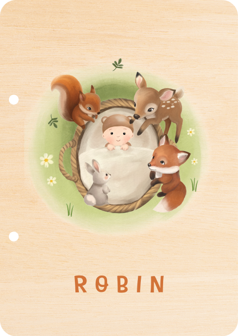 Houten bewaarbundel met baby mandje en bosdieren in gras