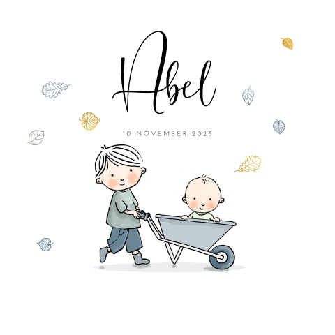 Schattig herfst geboortekaartje met broertjes en kruiwagen