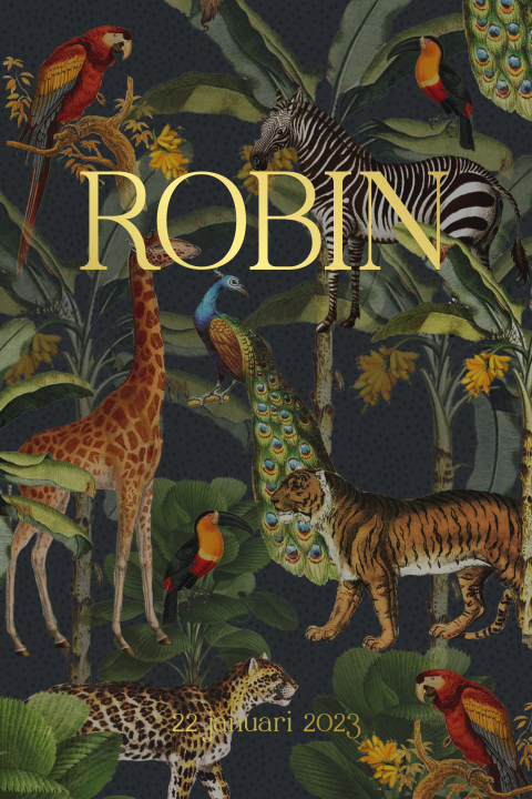 Goudfolie geboortekaartje met jungle dieren en planten