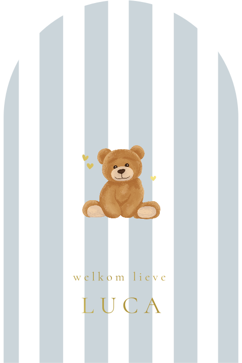 Geboortekaart met beertje en blauwe strepen in boogvorm