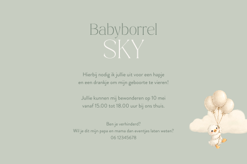 Groene uitnodiging babyborrel met een eendje aan ballonnen