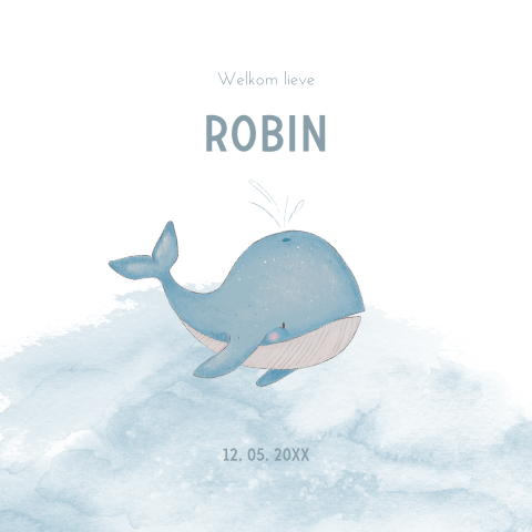 Stoer geboortekaartje met watercolour en walvis
