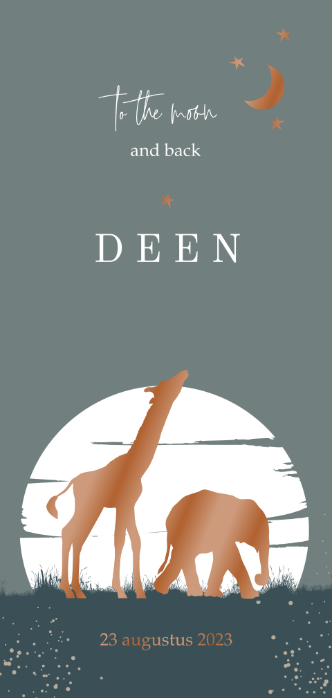 Hoogglans geboortekaartje met giraffe en olifant bij volle maan