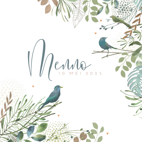 Botanisch geboortekaartje voor jongen met vogeltjes in blader takjes