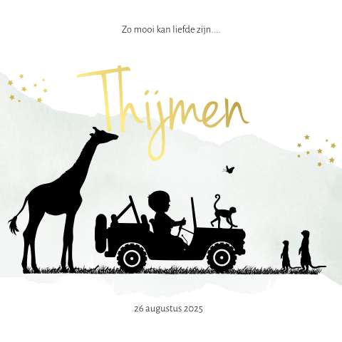 Stoer goudfolie geboortekaartje met silhouet jongen op safari