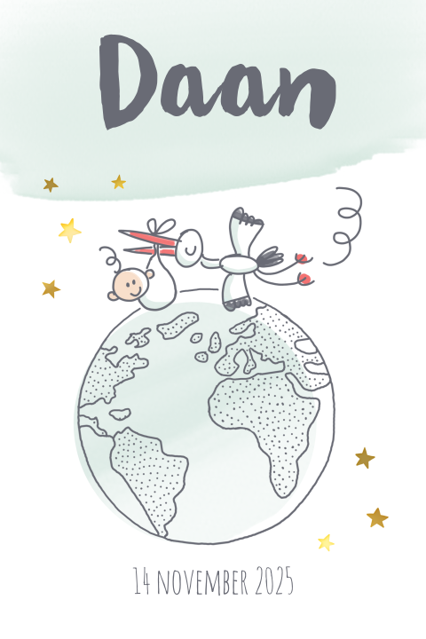 Lief geboortekaartje jongen met ooievaar die om de wereld heen vliegt