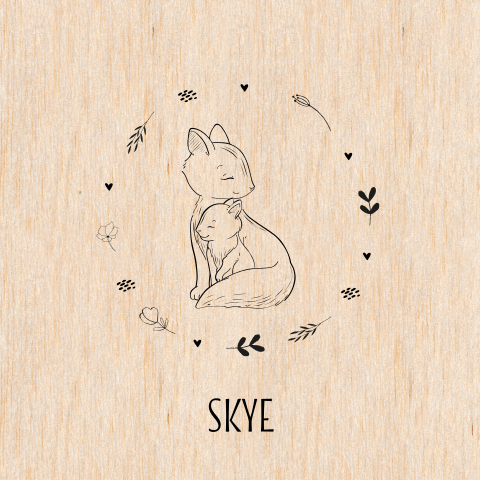 Echt houten geboortekaartje met lijntekening vosjes