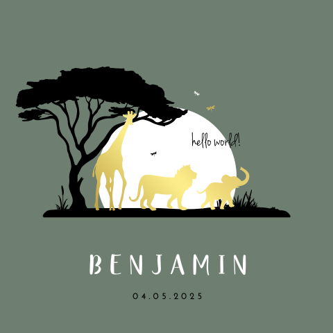 Hip goudfolie geboortekaartje jongen met silhouet van jungle dieren