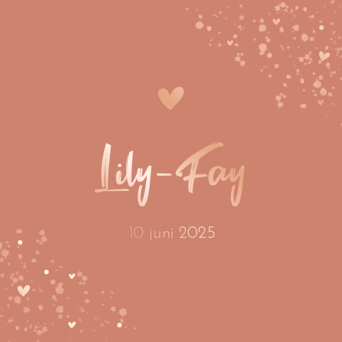 Roségoudfolie geboortekaart meisje terracotta hart verfspatten