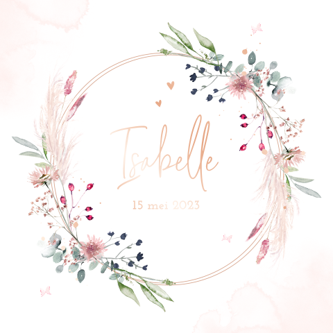 Stijlvol geboortekaartje met roségoudfolie voor dochter met bloemen