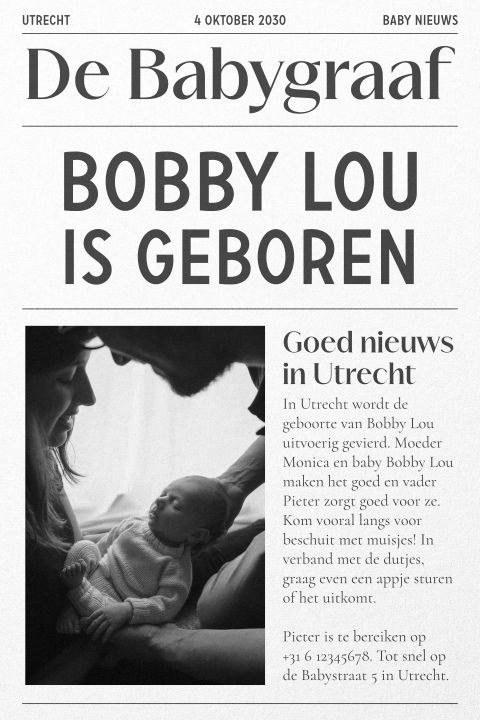 Grappig geboortekaartje als krant met foto