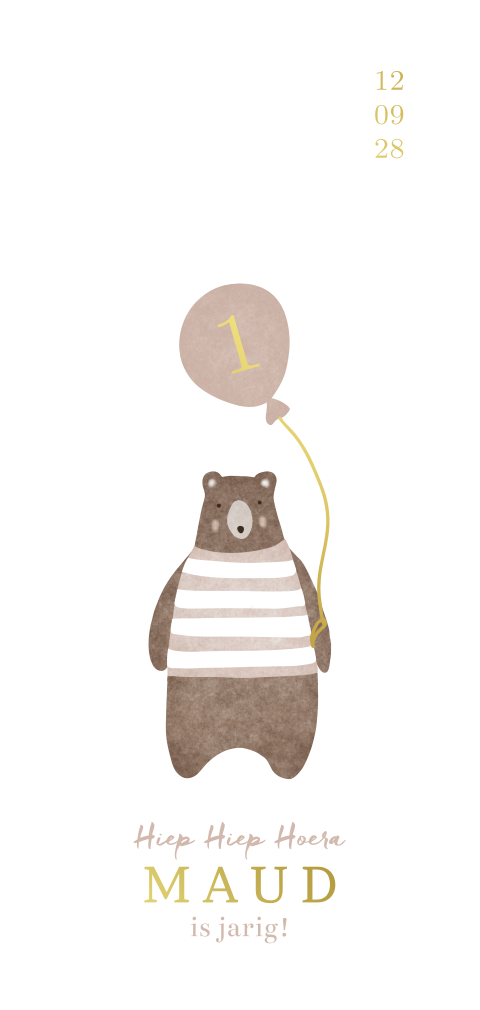 Verjaardagsuitnodiging met beer, ballon en goudfolie