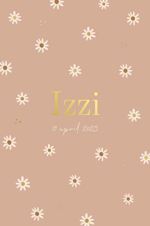 Lief geboortekaartje met goudfolie en patroontje van madeliefjes