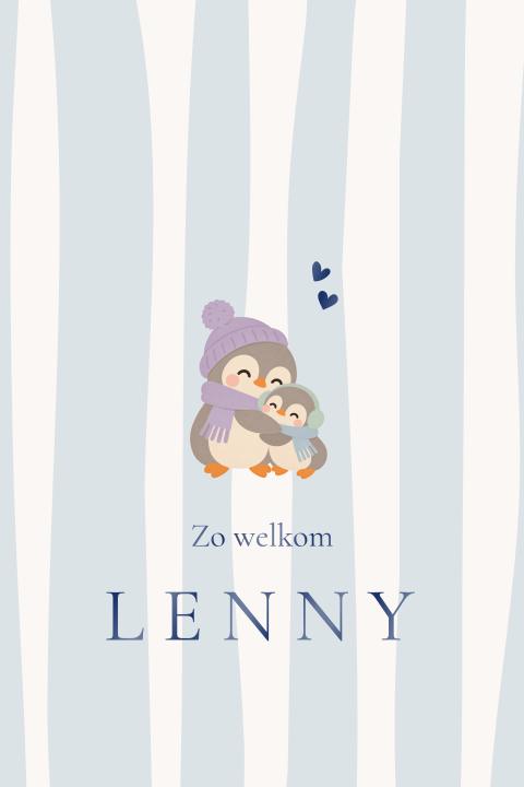 Winter geboortekaartje met pinguïns op blauwe strepen
