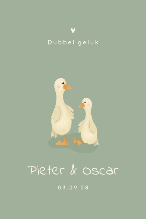 Groen geboortekaartje tweeling met eendjes