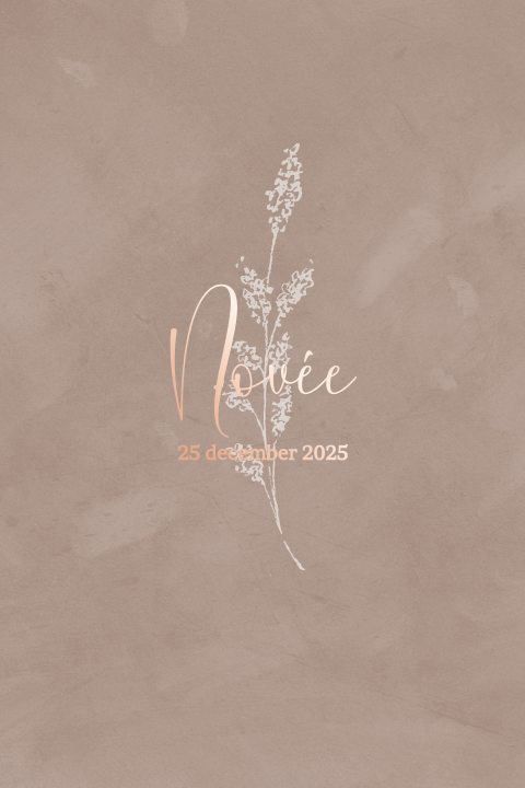 Roségoudfolie geboortekaartje met droogbloem op bruine waterverf