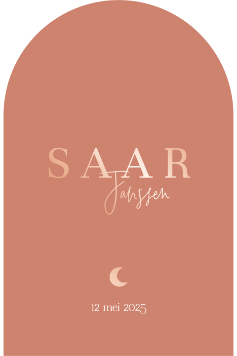 Origineel roségoudfolie babykaartje met maan in de vorm van een arch