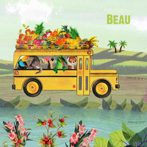Retro geboortekaartje voor meisje met bus vol met jungle dieren