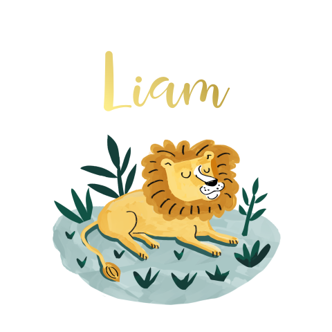 Stoer rond geboortekaartje met goudfolie en leeuw voor een jongen