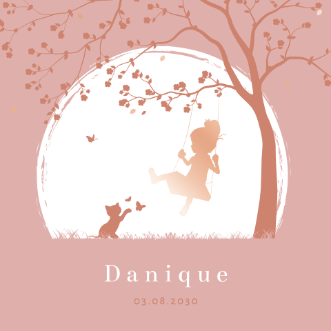 Roségoudfolie geboortekaartje met silhouet van meisje op schommel