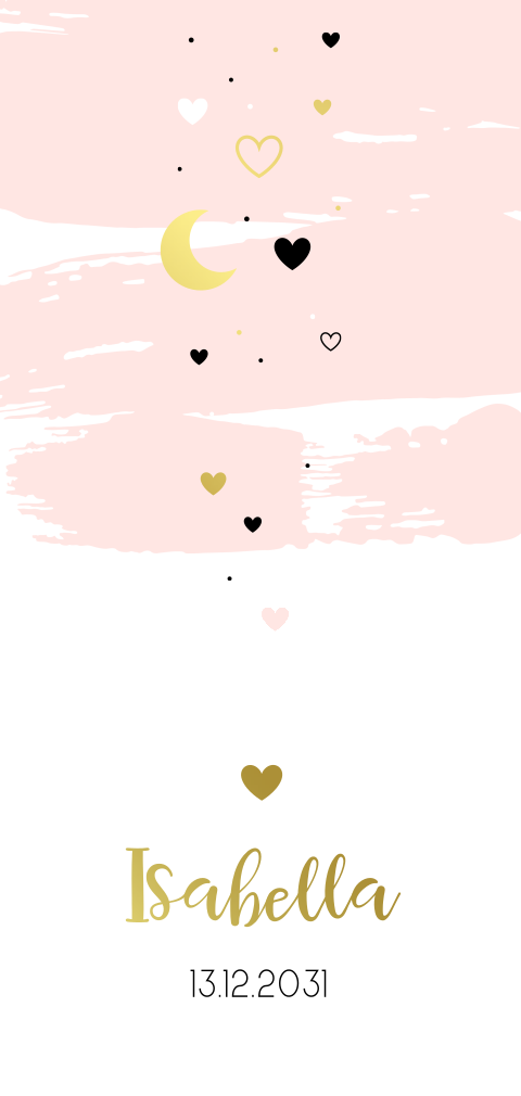 Lief kaartje met verf vegen, hartjes, stippen en maan, met goudfolie