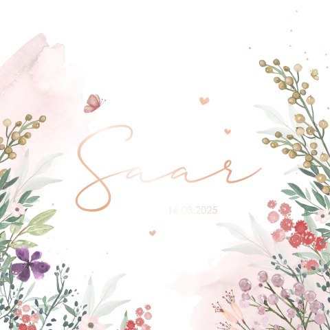 Vrolijk geboortekaartje met watercolour, bloemen en roségoudfolie