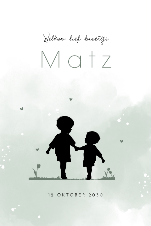 Lief geboortekaartje met silhouetjes en hartjes voor een broertje