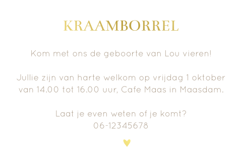 Witte kraamborrelkaart met typgrafie in beige en goudfolie