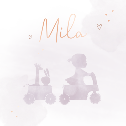 Luxe geboortekaartje met roségoudfolie en silhouet van meisje op kar