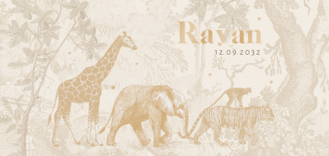 Langwerpige geboortekaartje met pentekening van jungledieren en hoogglans