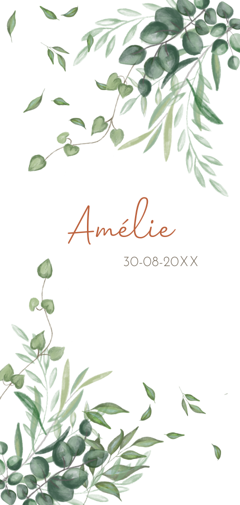 Botanisch geboortekaartje met blaadjes en takjes in aquarel